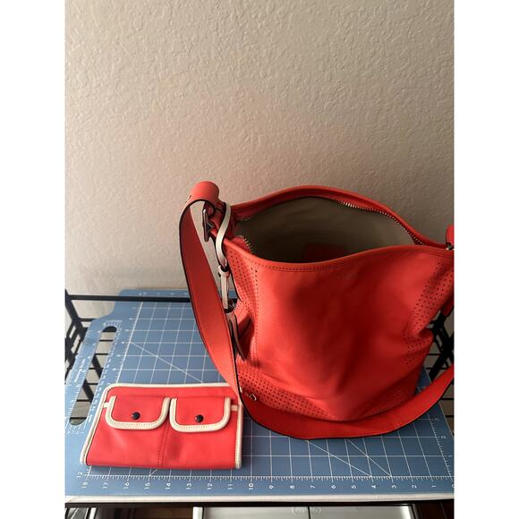 Coach Legacy Perforated Leather Hobo Bag & Matching Wallet Set - Red/Vermillion - Picture 2 of 13